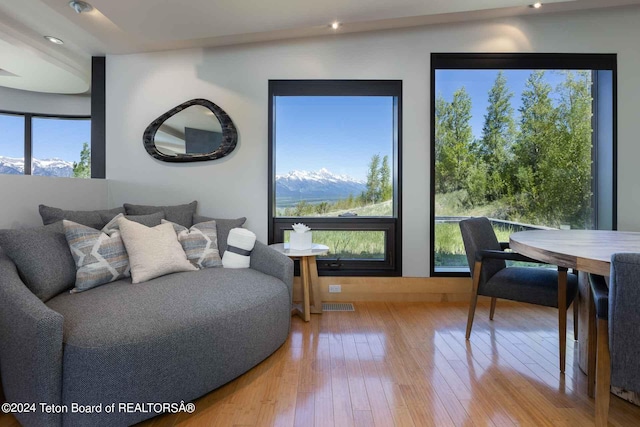 living room featuring a mountain view, hardwood / wood-style floors, and lofted ceiling