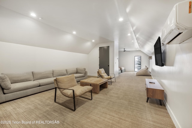 carpeted living room with vaulted ceiling, ceiling fan, and an AC wall unit