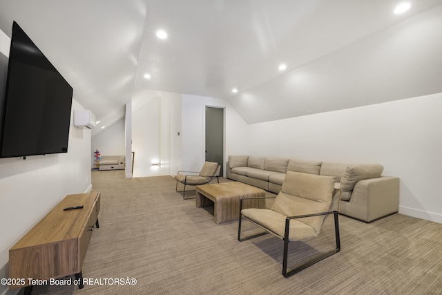 carpeted living room with lofted ceiling and a wall mounted AC