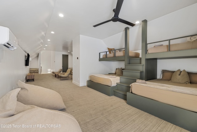 bedroom featuring a wall mounted air conditioner, ceiling fan, light colored carpet, and lofted ceiling