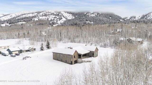 snowy aerial view featuring a mountain view