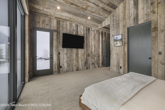 bedroom with light carpet, wooden ceiling, and lofted ceiling