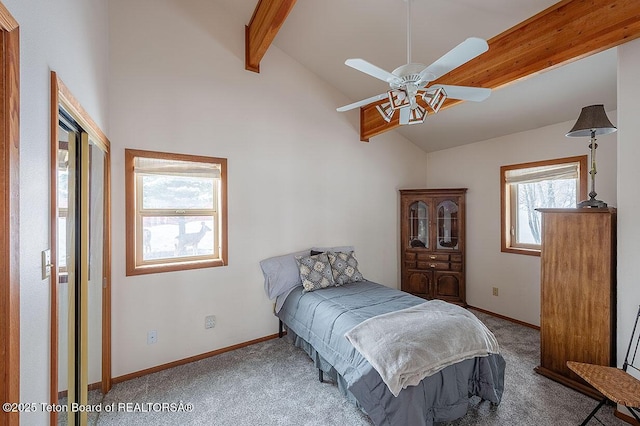bedroom featuring baseboards, beam ceiling, carpet, and high vaulted ceiling