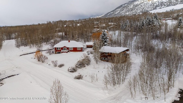 snowy aerial view with a mountain view