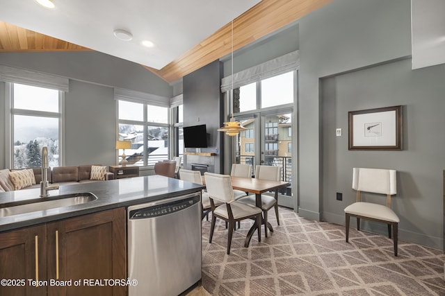 kitchen with vaulted ceiling, stainless steel dishwasher, and sink