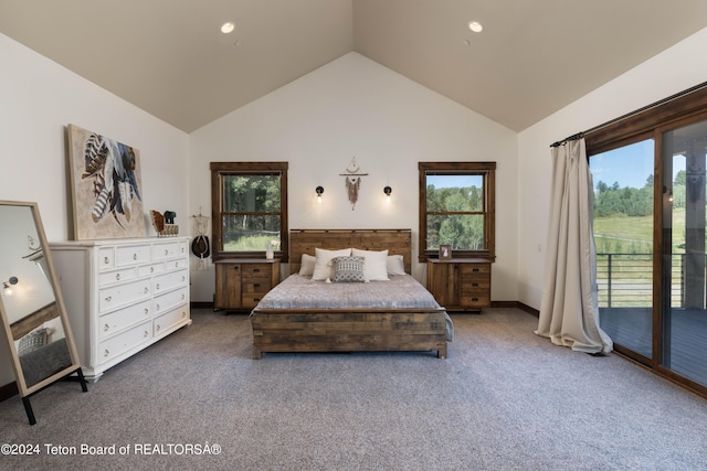 carpeted bedroom featuring access to outside and high vaulted ceiling