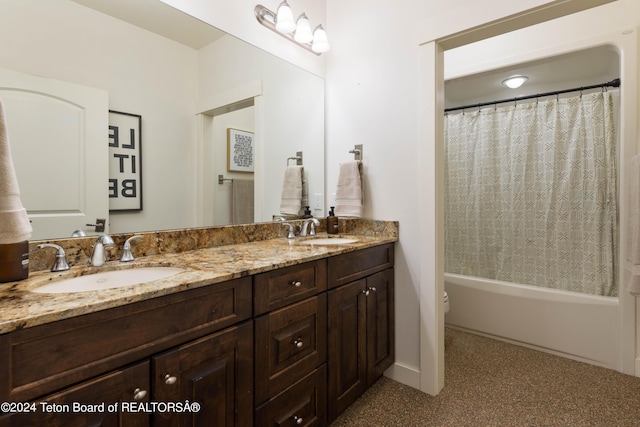 full bathroom featuring toilet, shower / bath combo, and vanity