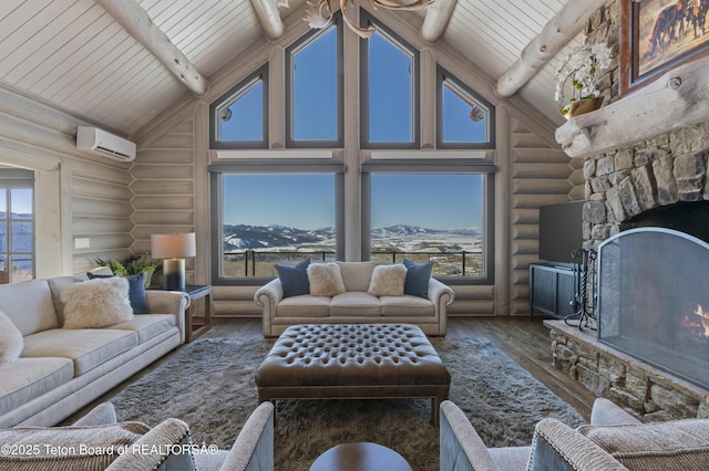 living room featuring wood finished floors, a fireplace, high vaulted ceiling, beam ceiling, and a wall mounted AC