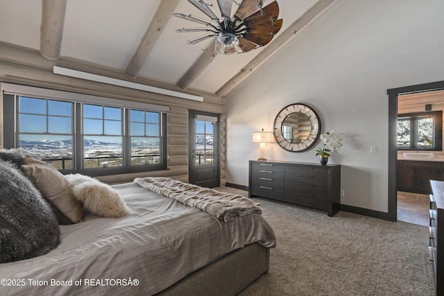 bedroom featuring high vaulted ceiling, carpet, beam ceiling, and baseboards