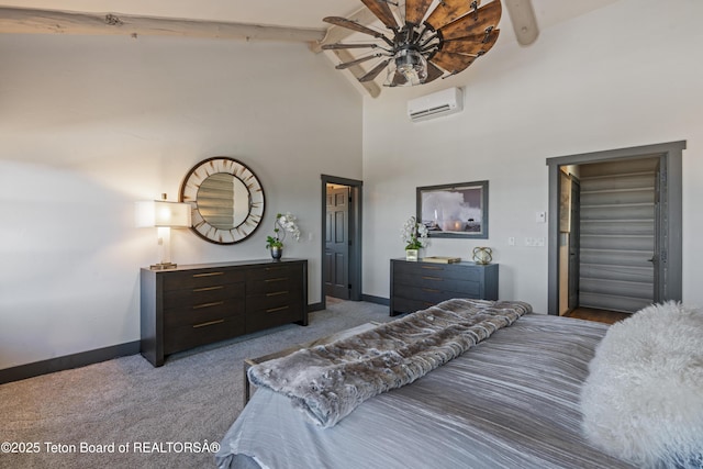 carpeted bedroom with a high ceiling, an AC wall unit, baseboards, and beam ceiling