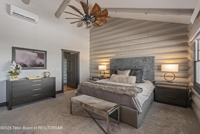 bedroom with high vaulted ceiling, a wall mounted AC, carpet, and beam ceiling