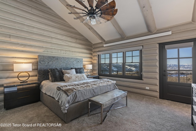 carpeted bedroom featuring high vaulted ceiling, rustic walls, multiple windows, and beamed ceiling