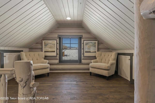 unfurnished room with lofted ceiling, dark wood-style flooring, and wooden ceiling