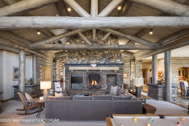 living room featuring a fireplace, wooden ceiling, log walls, and beam ceiling