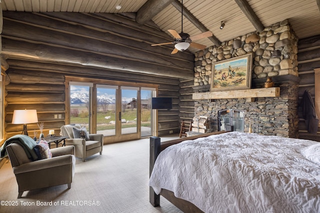 carpeted bedroom with a fireplace, vaulted ceiling with beams, access to exterior, rustic walls, and wooden ceiling