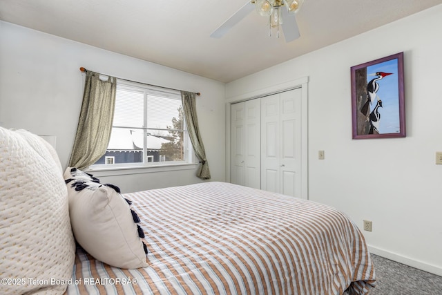 bedroom with ceiling fan, a closet, and carpet