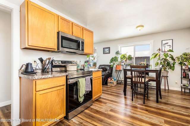 kitchen with stainless steel appliances and dark hardwood / wood-style floors