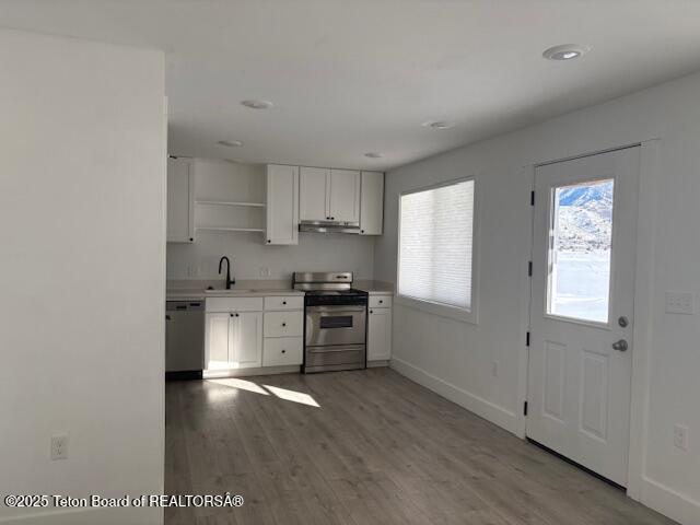 kitchen with stainless steel appliances, light hardwood / wood-style floors, sink, and white cabinets