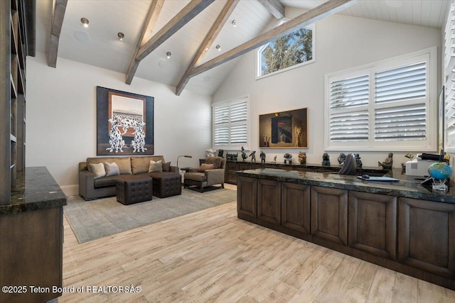 living room featuring beam ceiling, high vaulted ceiling, and light wood-type flooring