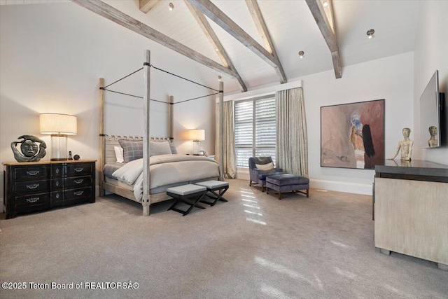 bedroom with light colored carpet, high vaulted ceiling, and beamed ceiling