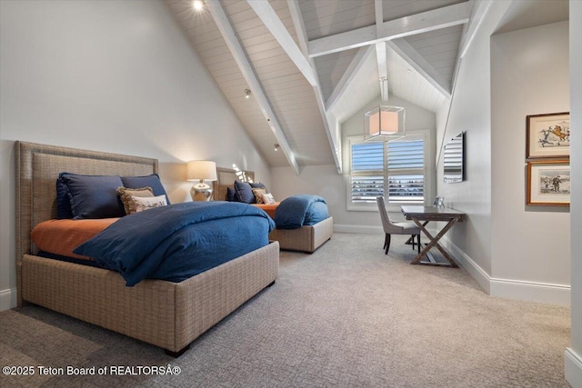 carpeted bedroom with vaulted ceiling with beams and wooden ceiling