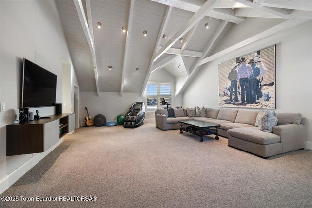 carpeted living room featuring beamed ceiling and high vaulted ceiling