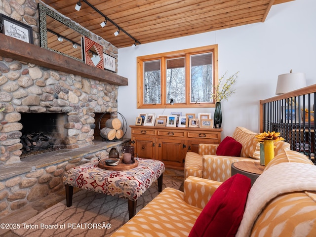 living room featuring a fireplace and wooden ceiling