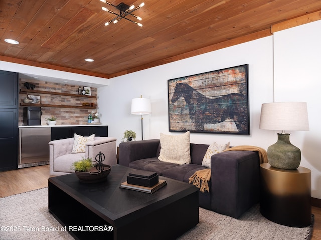 living room with light wood-type flooring and wooden ceiling