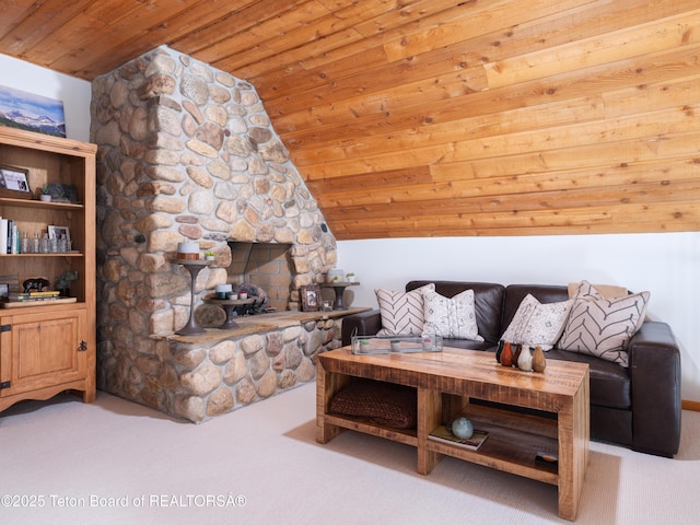 living room featuring vaulted ceiling, light colored carpet, and wooden ceiling