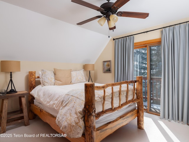 bedroom featuring lofted ceiling, carpet flooring, access to outside, and ceiling fan