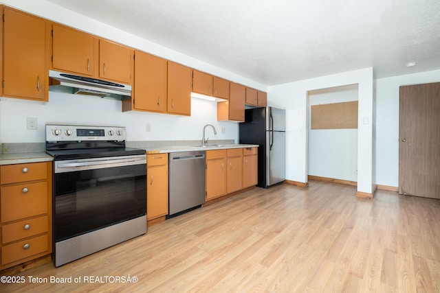 kitchen with appliances with stainless steel finishes, light hardwood / wood-style floors, and sink