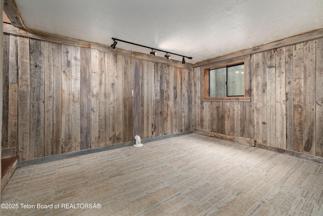 unfurnished room featuring track lighting and wood walls