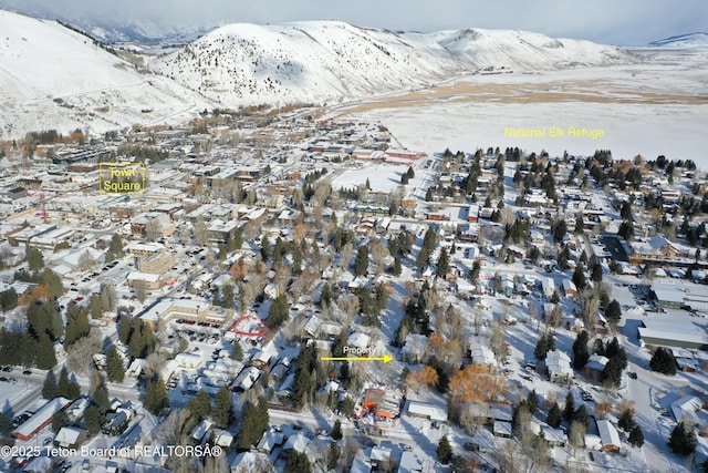 snowy aerial view featuring a mountain view