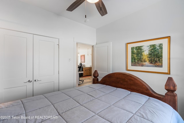 bedroom featuring a closet and ceiling fan