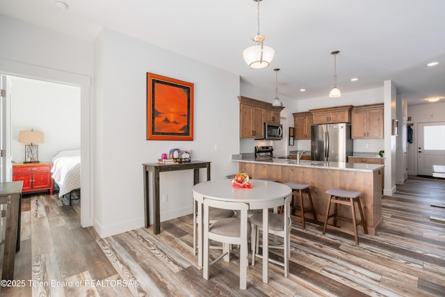 kitchen with pendant lighting, hardwood / wood-style floors, a kitchen breakfast bar, stainless steel appliances, and kitchen peninsula