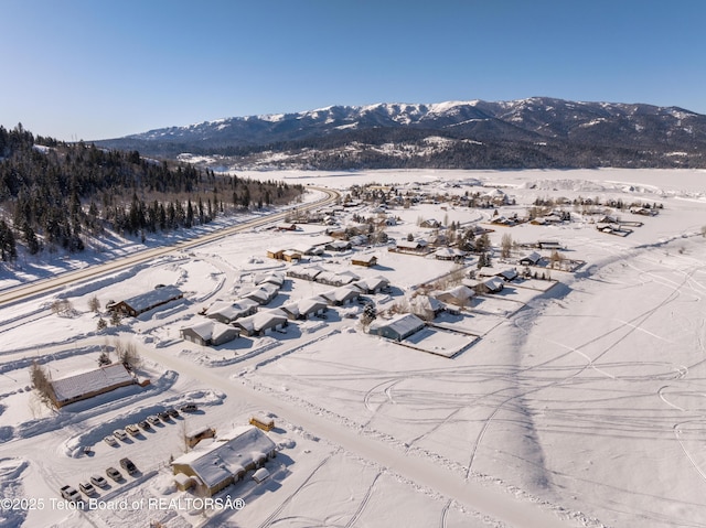 snowy aerial view featuring a mountain view