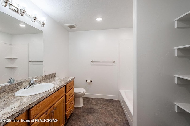 full bathroom with vanity, toilet, shower / bath combination, and a textured ceiling