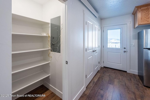 entryway with dark hardwood / wood-style floors, electric panel, and a textured ceiling