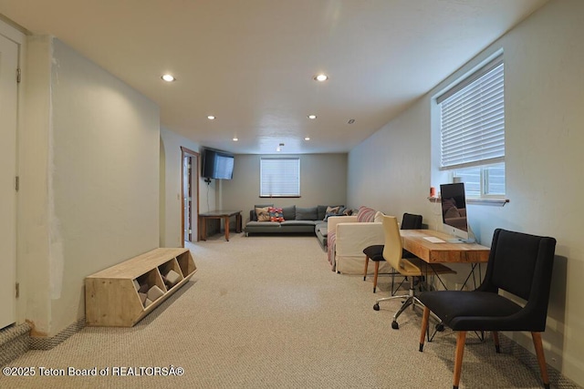 living room featuring light colored carpet