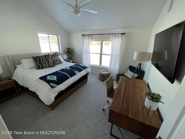 bedroom with lofted ceiling, carpet flooring, and ceiling fan