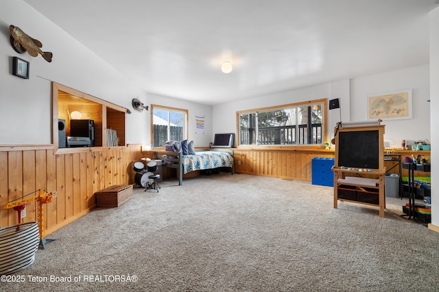 carpeted bedroom with multiple windows and wood walls