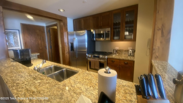 kitchen with light stone counters, stainless steel appliances, and sink