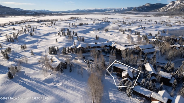 snowy aerial view featuring a mountain view