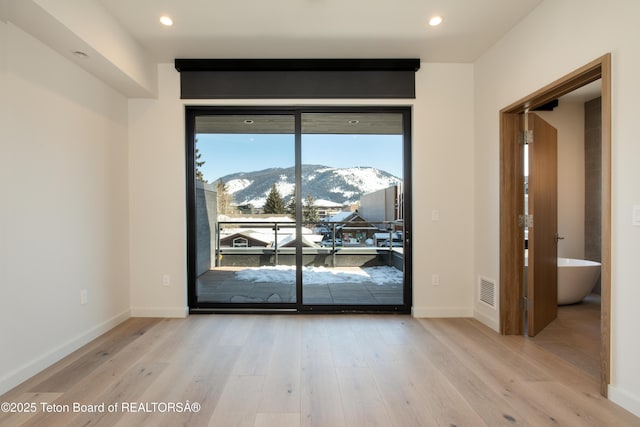 empty room featuring a mountain view and light hardwood / wood-style flooring