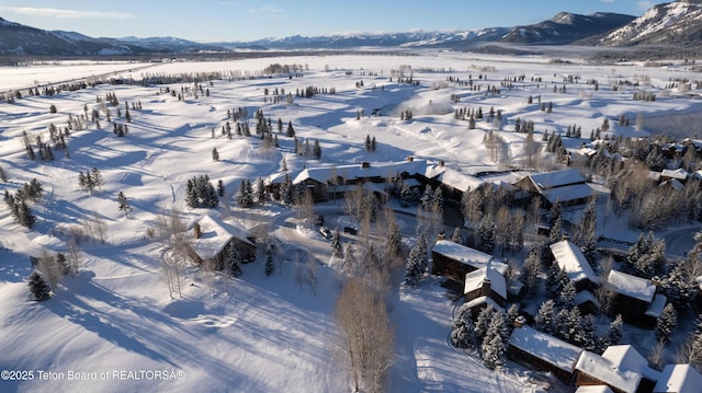 snowy aerial view featuring a mountain view