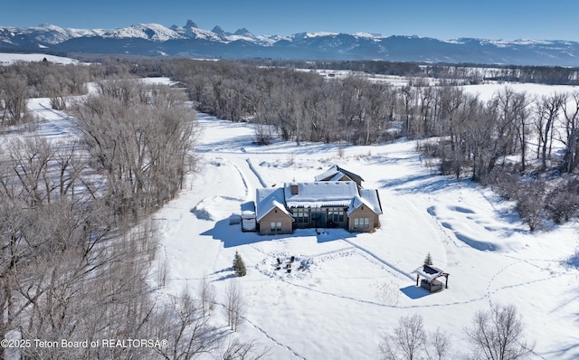 snowy aerial view with a mountain view