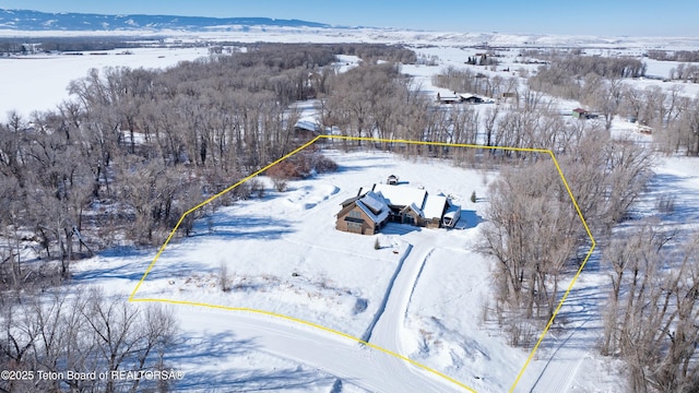 snowy aerial view featuring a mountain view