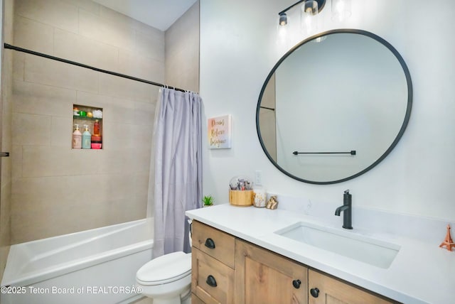 full bathroom with toilet, vanity, and shower / bathtub combination with curtain