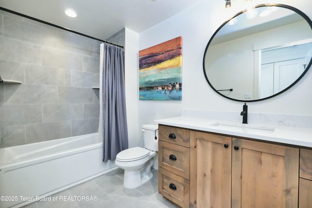 full bathroom with tile patterned flooring, vanity, shower / bathtub combination with curtain, and toilet