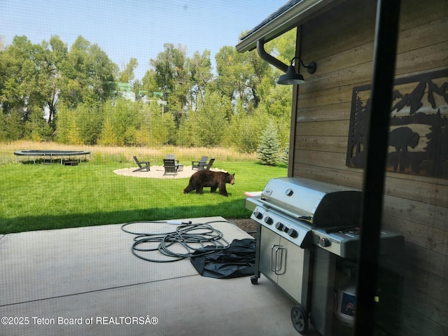 view of patio / terrace with a trampoline and an outdoor fire pit